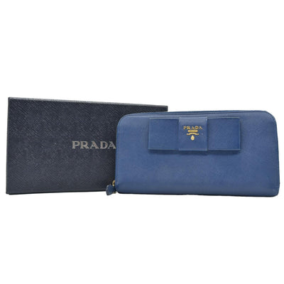 $695 PRADA Saffiano Bow Wallet Blue CONSIGNMENT