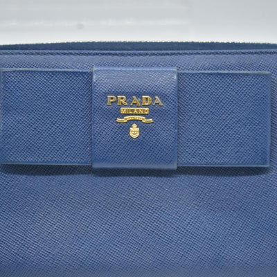 $695 PRADA Saffiano Bow Wallet Blue CONSIGNMENT
