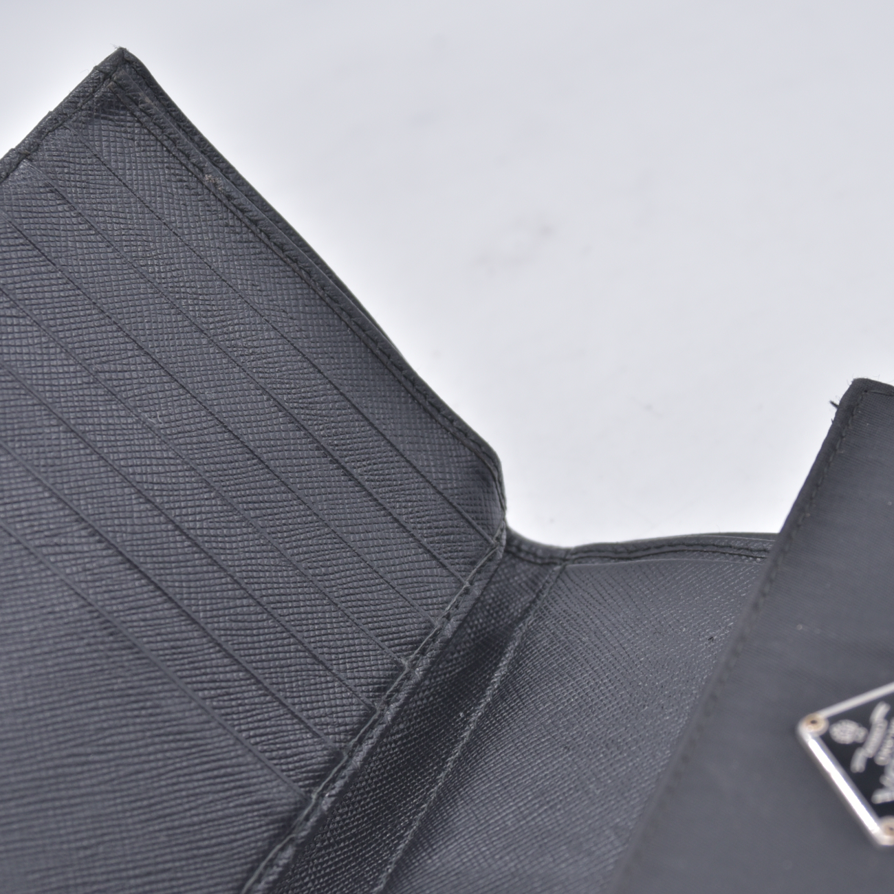 $775 PRADA Logo Plate Nylon Trifold Wallet Black 10021030