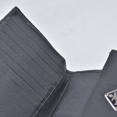 $775 PRADA Logo Plate Nylon Trifold Wallet Black 10021030