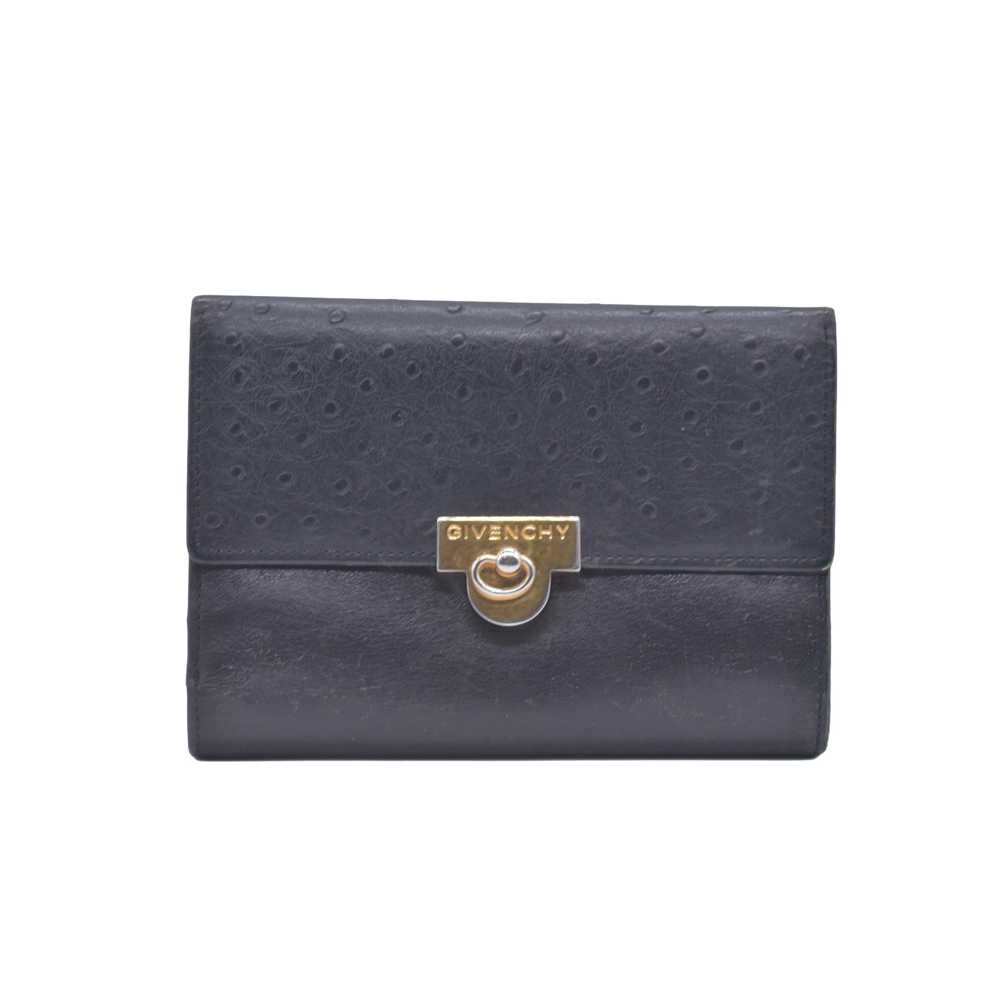 $590 Givenchy Black Ostrich-Effect Leather Clasp Wallet  CONSIGNMENT 10021039