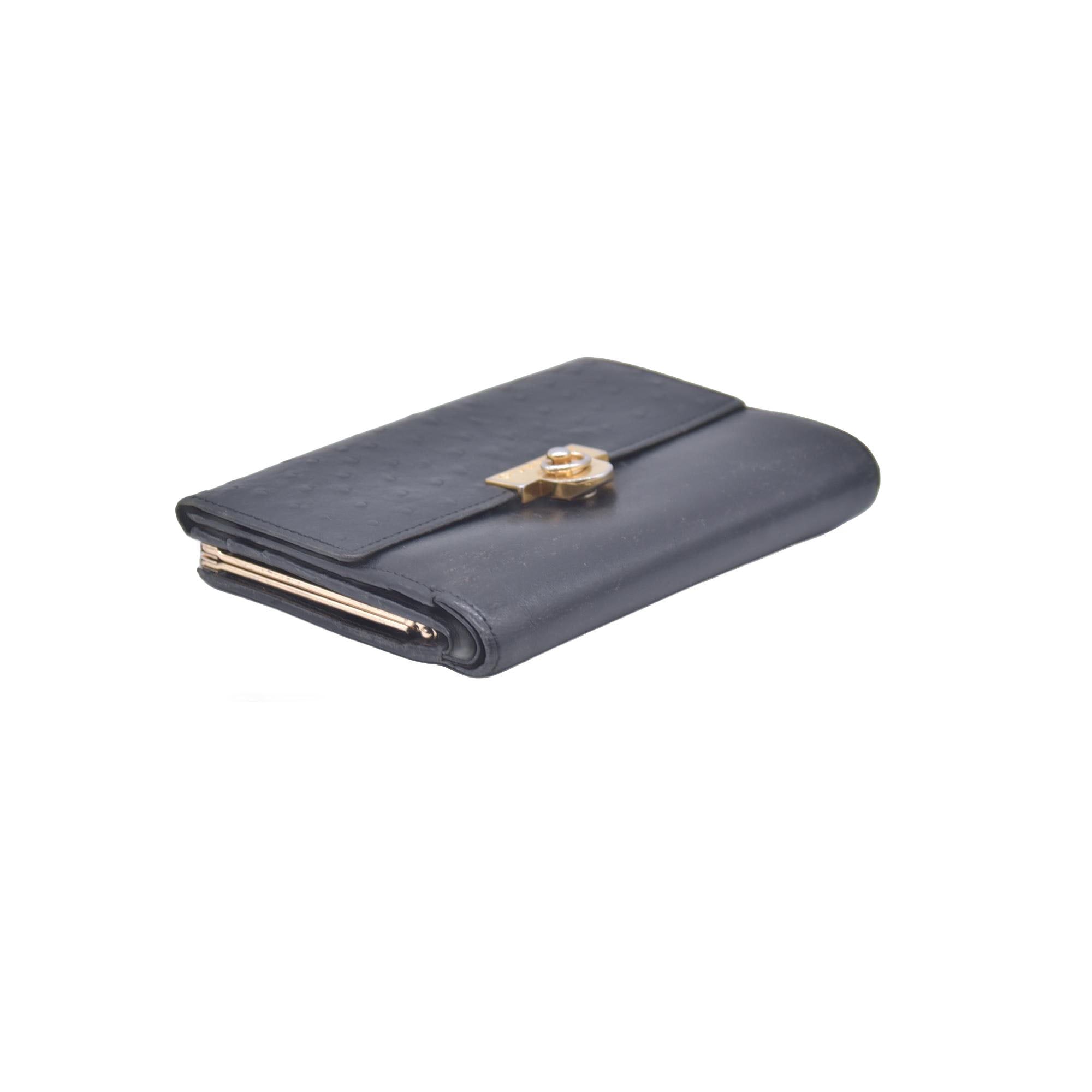 $590 Givenchy Black Ostrich-Effect Leather Clasp Wallet  CONSIGNMENT 10021039