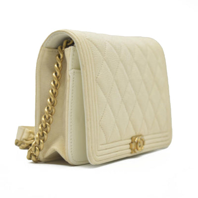 $3425 Chanel Caviar Quilted Boy Wallet On Chain WOC White