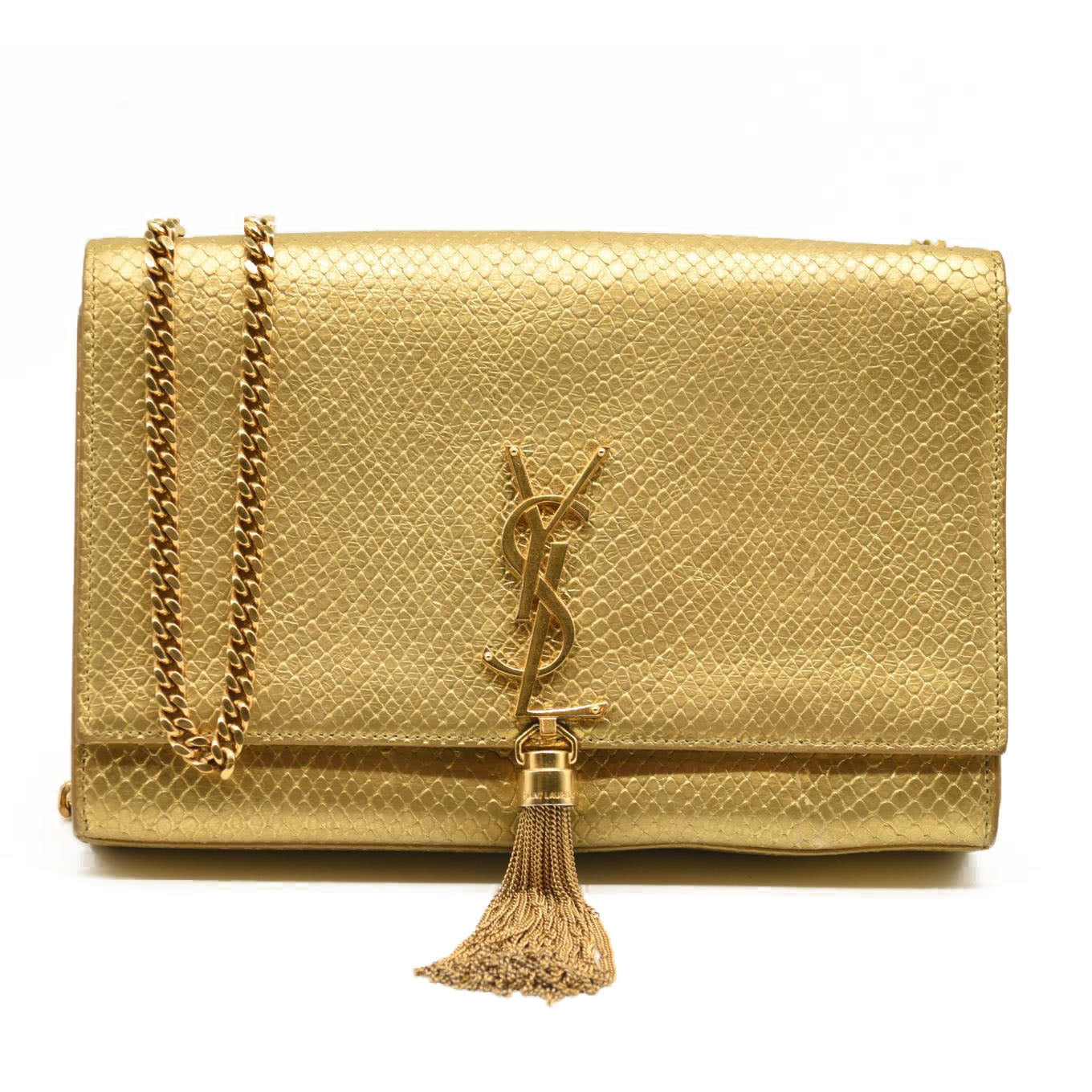Used Saint Laurent Metallic Python Embossed Medium Classic Monogram Kate Tassel Satchel Gold