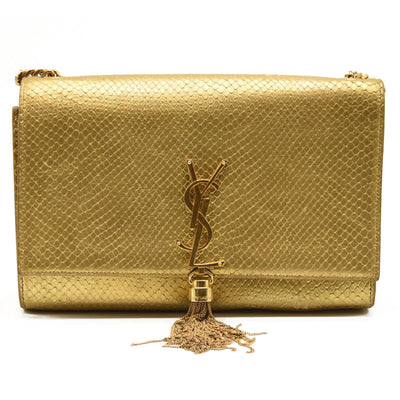 Used Saint Laurent Metallic Python Embossed Medium Classic Monogram Kate Tassel Satchel Gold
