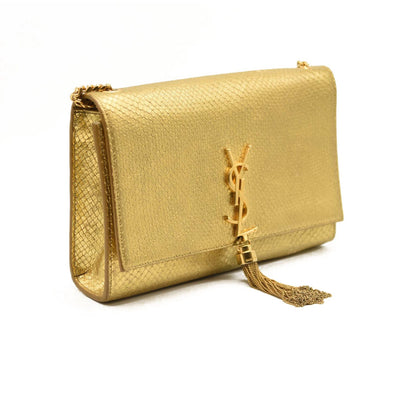 Used Saint Laurent Metallic Python Embossed Medium Classic Monogram Kate Tassel Satchel Gold