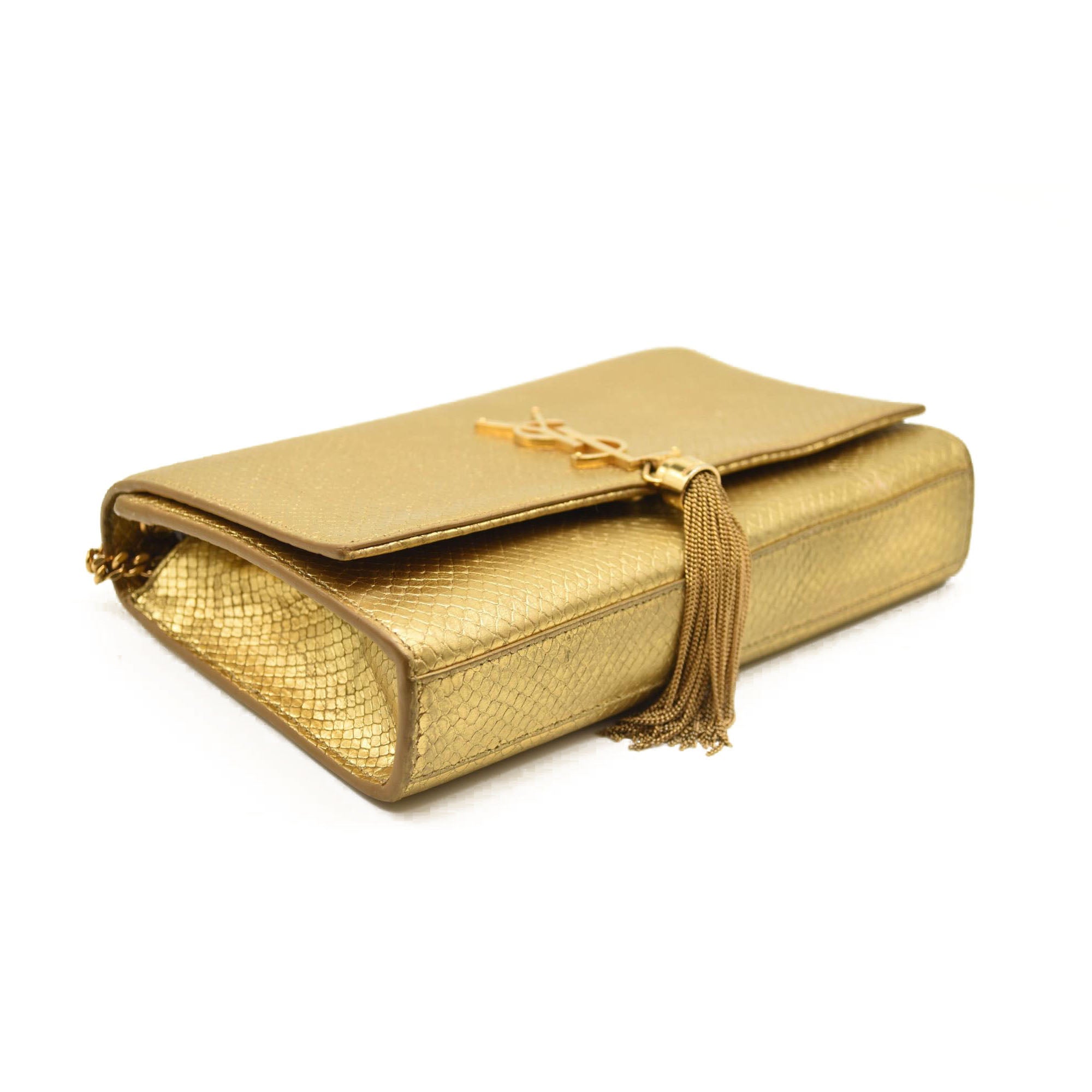 Used Saint Laurent Metallic Python Embossed Medium Classic Monogram Kate Tassel Satchel Gold