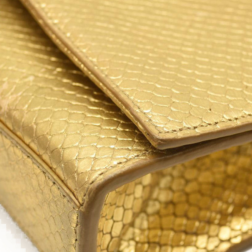 Used Saint Laurent Metallic Python Embossed Medium Classic Monogram Kate Tassel Satchel Gold