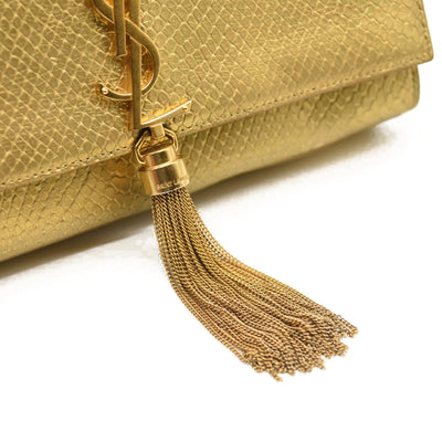 Used Saint Laurent Metallic Python Embossed Medium Classic Monogram Kate Tassel Satchel Gold