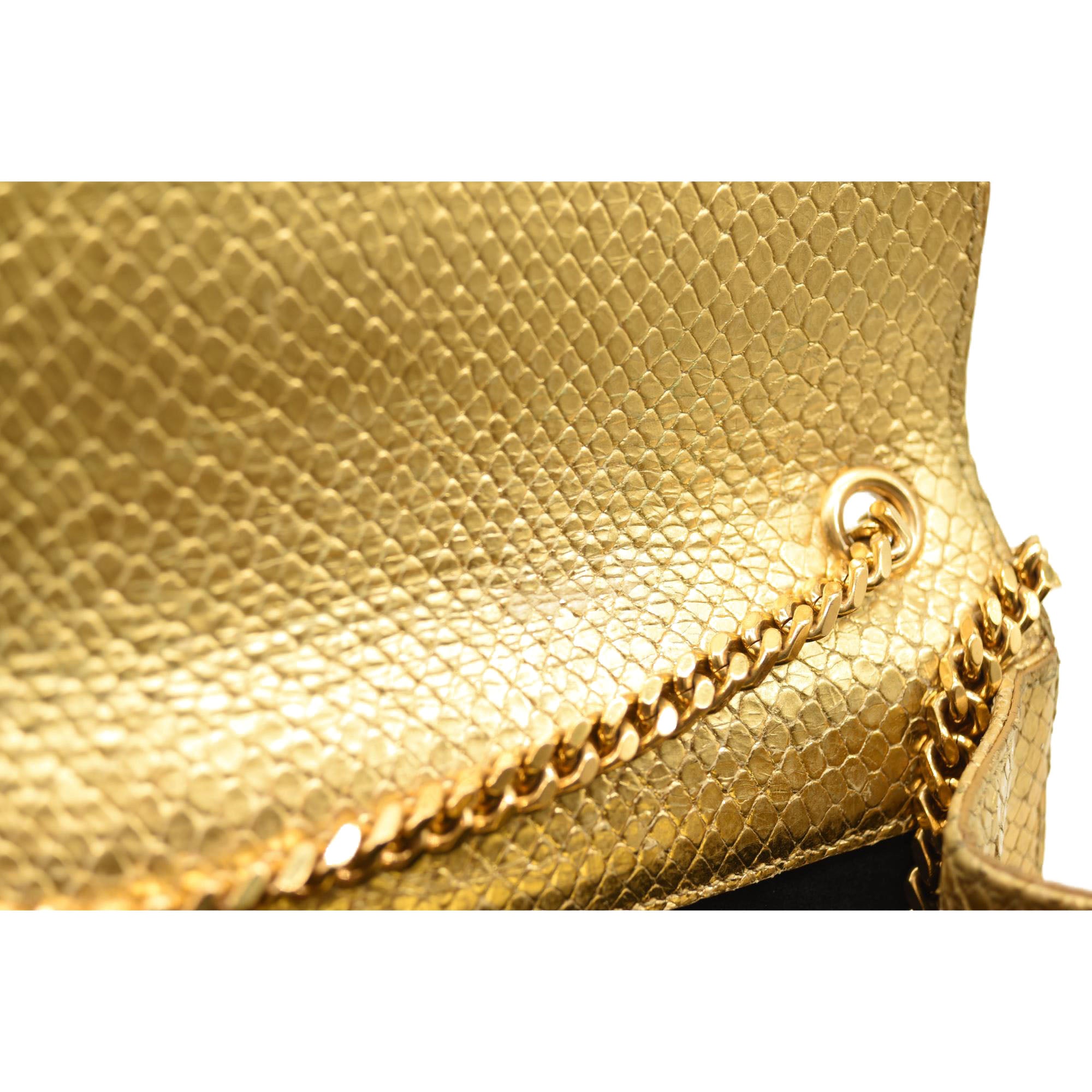 Used Saint Laurent Metallic Python Embossed Medium Classic Monogram Kate Tassel Satchel Gold