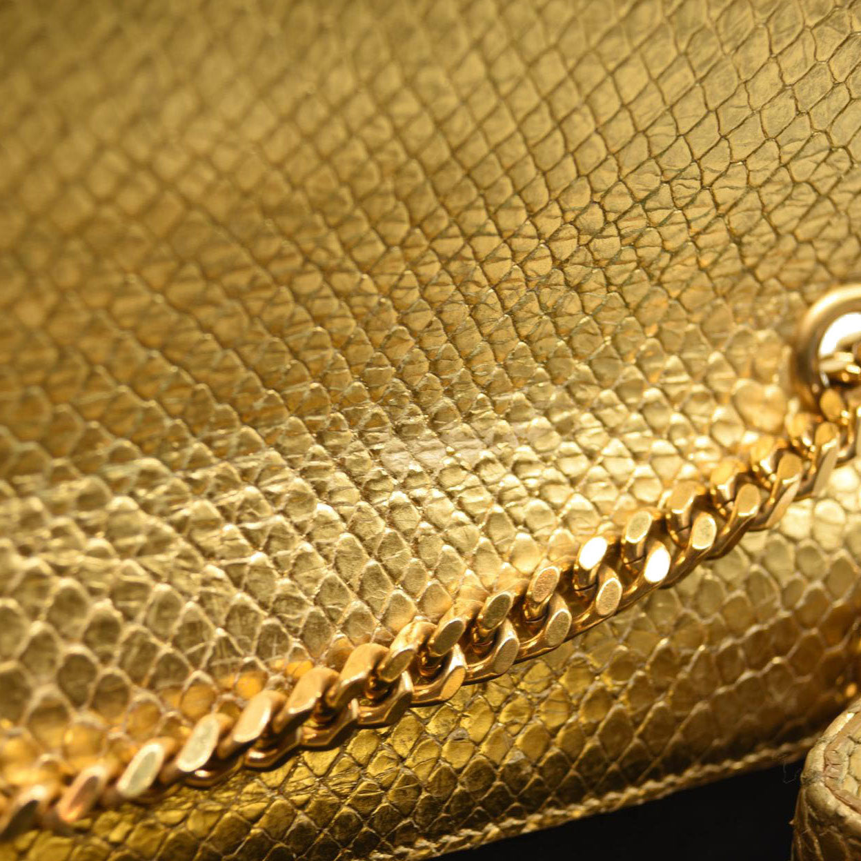 Used Saint Laurent Metallic Python Embossed Medium Classic Monogram Kate Tassel Satchel Gold