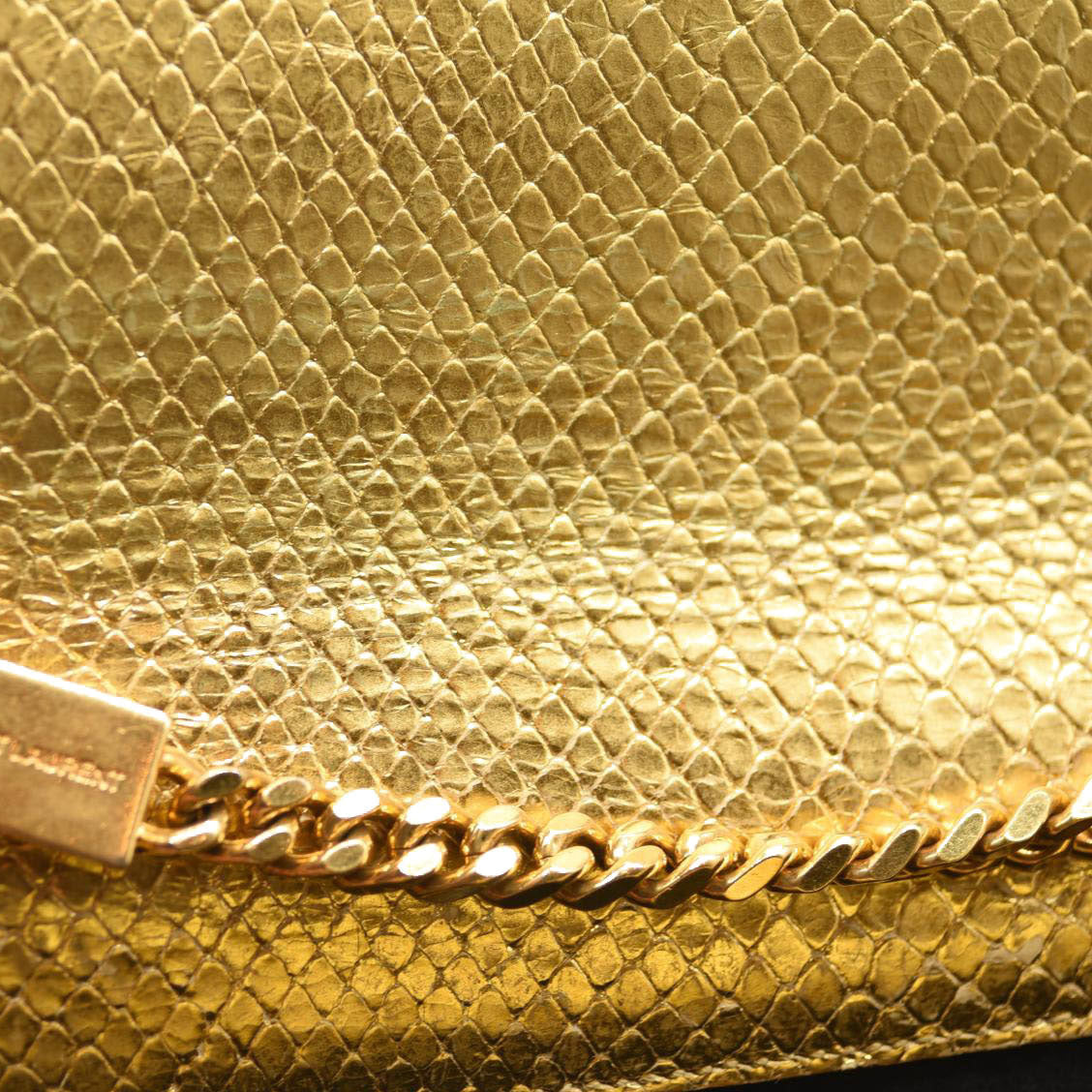 Used Saint Laurent Metallic Python Embossed Medium Classic Monogram Kate Tassel Satchel Gold