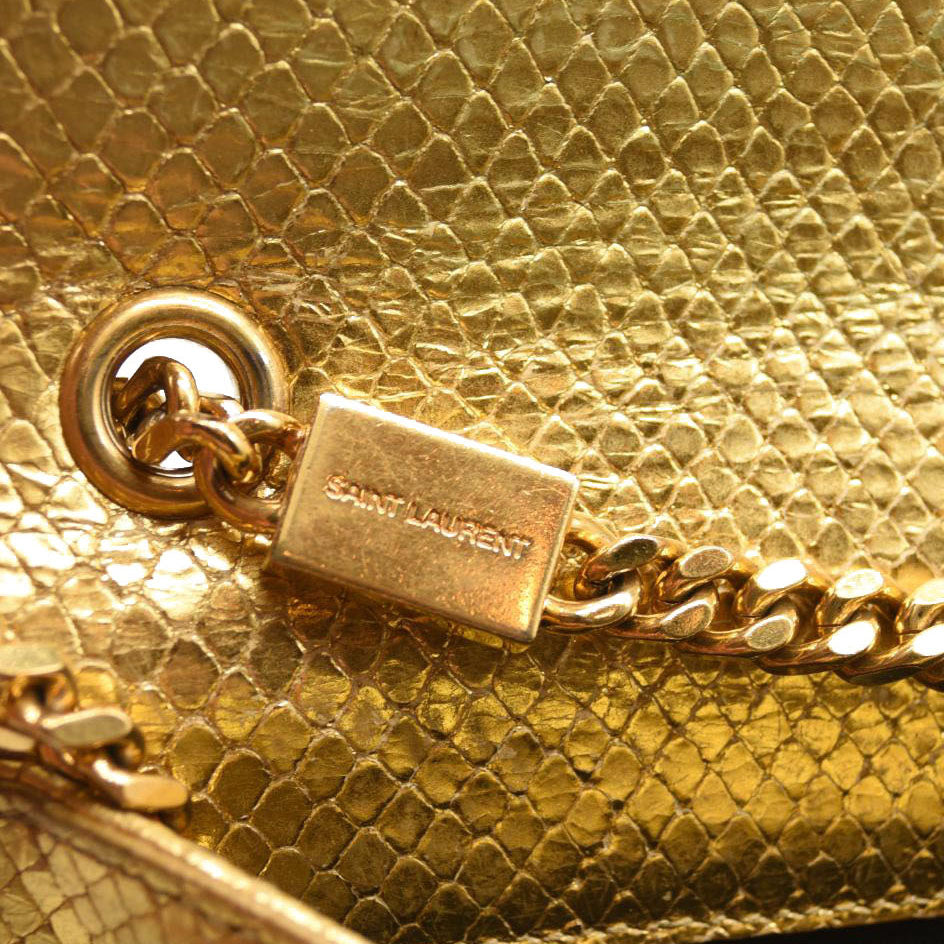 Used Saint Laurent Metallic Python Embossed Medium Classic Monogram Kate Tassel Satchel Gold