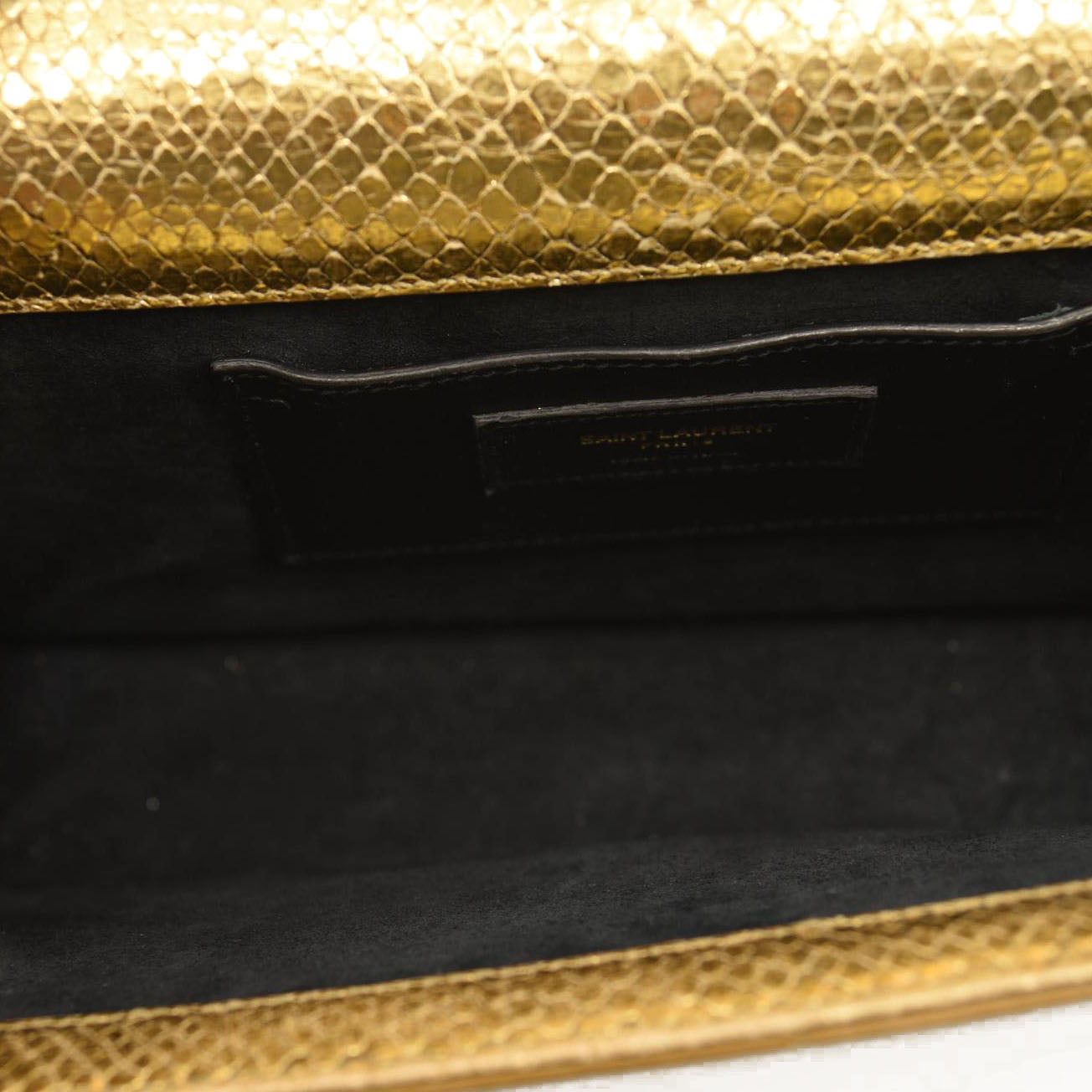 Used Saint Laurent Metallic Python Embossed Medium Classic Monogram Kate Tassel Satchel Gold