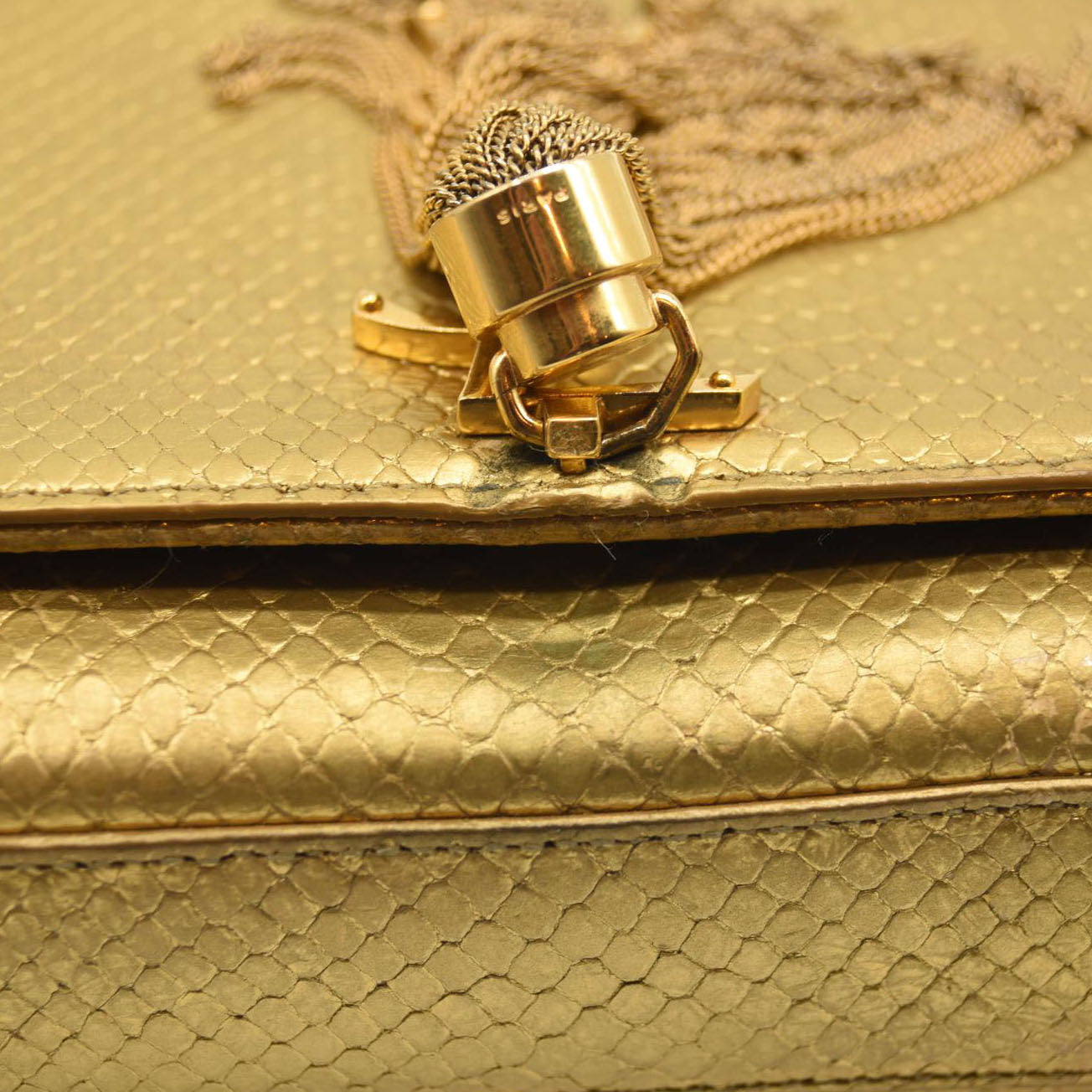 Used Saint Laurent Metallic Python Embossed Medium Classic Monogram Kate Tassel Satchel Gold
