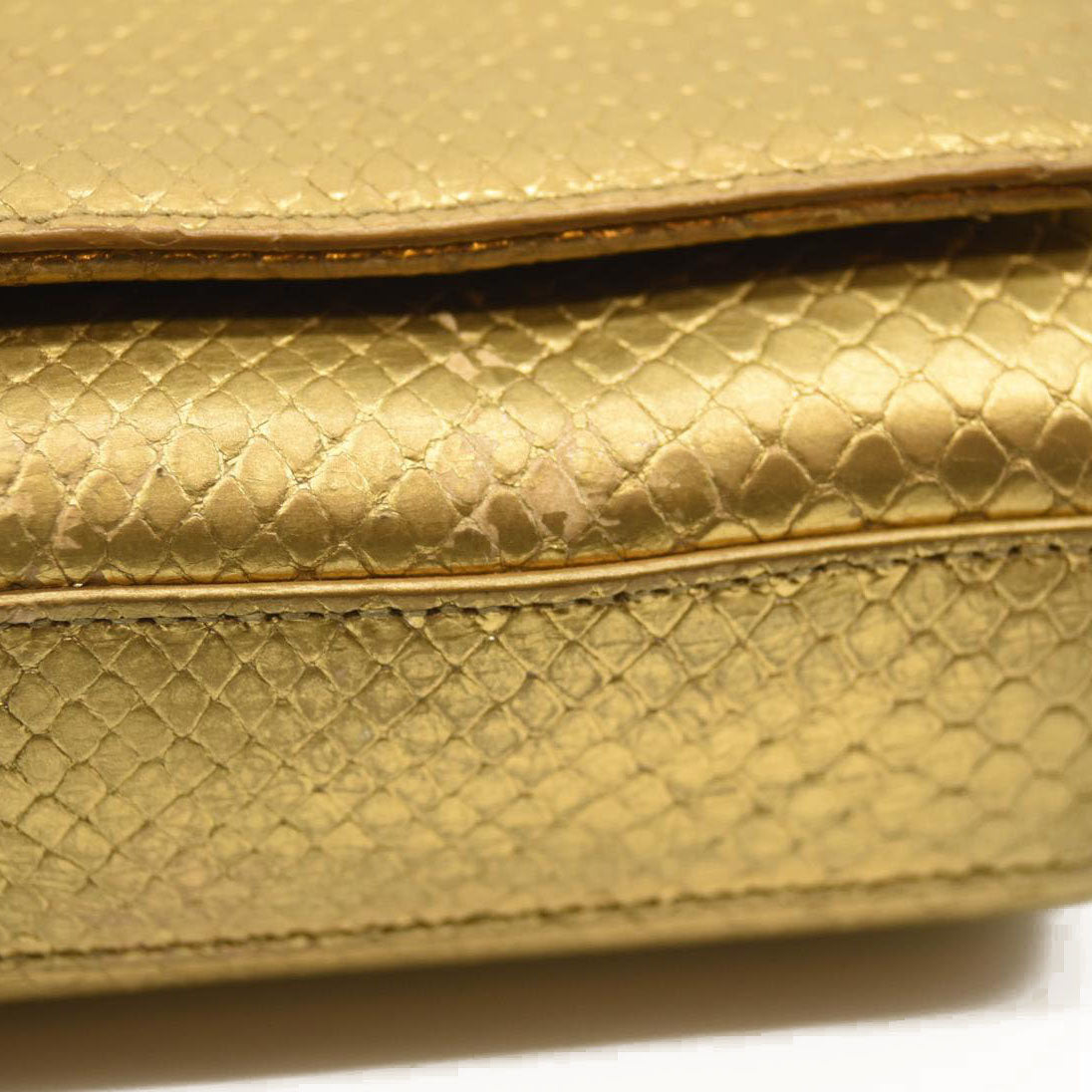 Used Saint Laurent Metallic Python Embossed Medium Classic Monogram Kate Tassel Satchel Gold