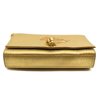 Used Saint Laurent Metallic Python Embossed Medium Classic Monogram Kate Tassel Satchel Gold