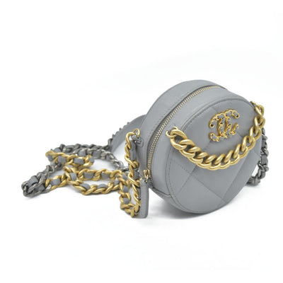 Chanel  Lambskin Quilted Chanel 19 Round Clutch With Chain Grey