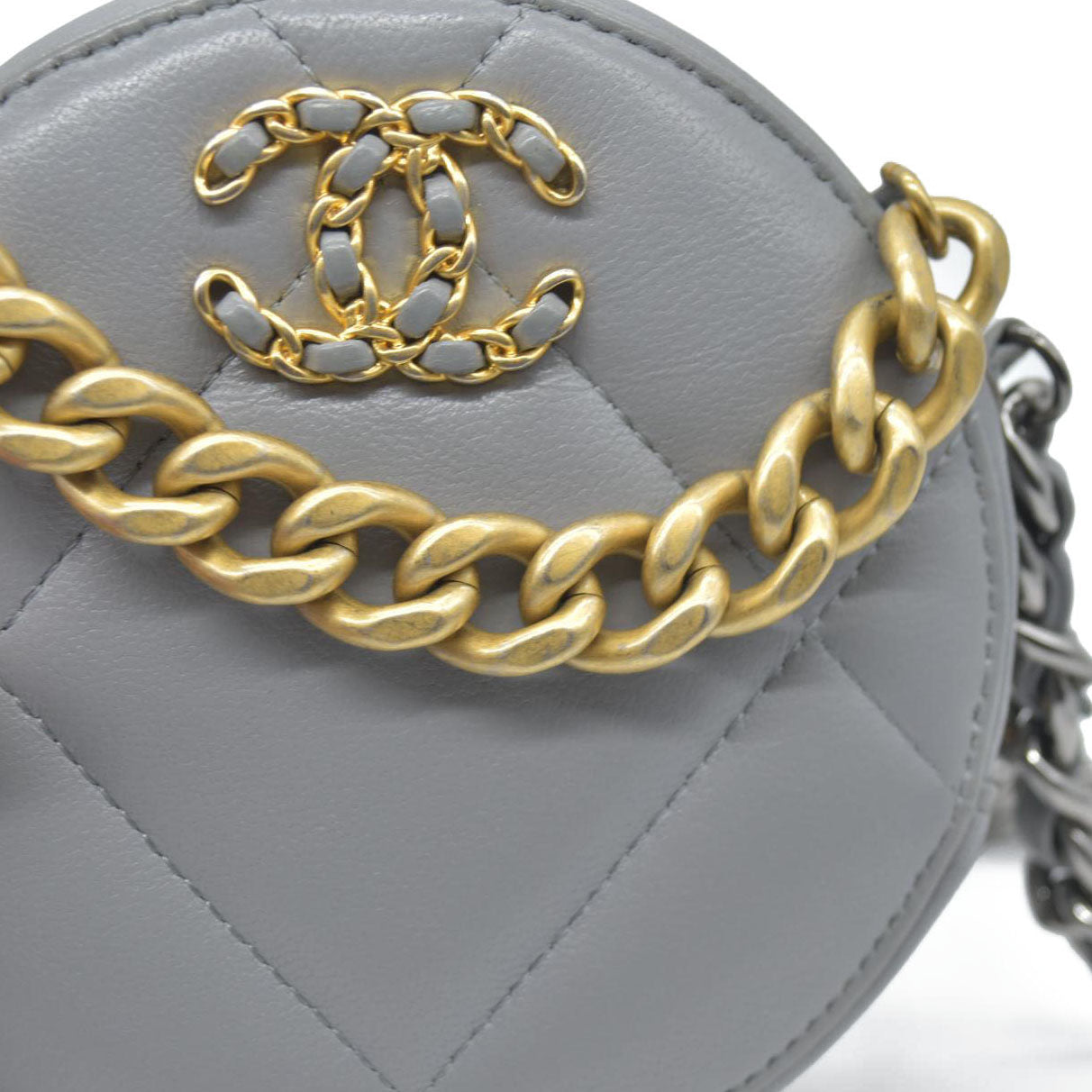 Chanel  Lambskin Quilted Chanel 19 Round Clutch With Chain Grey