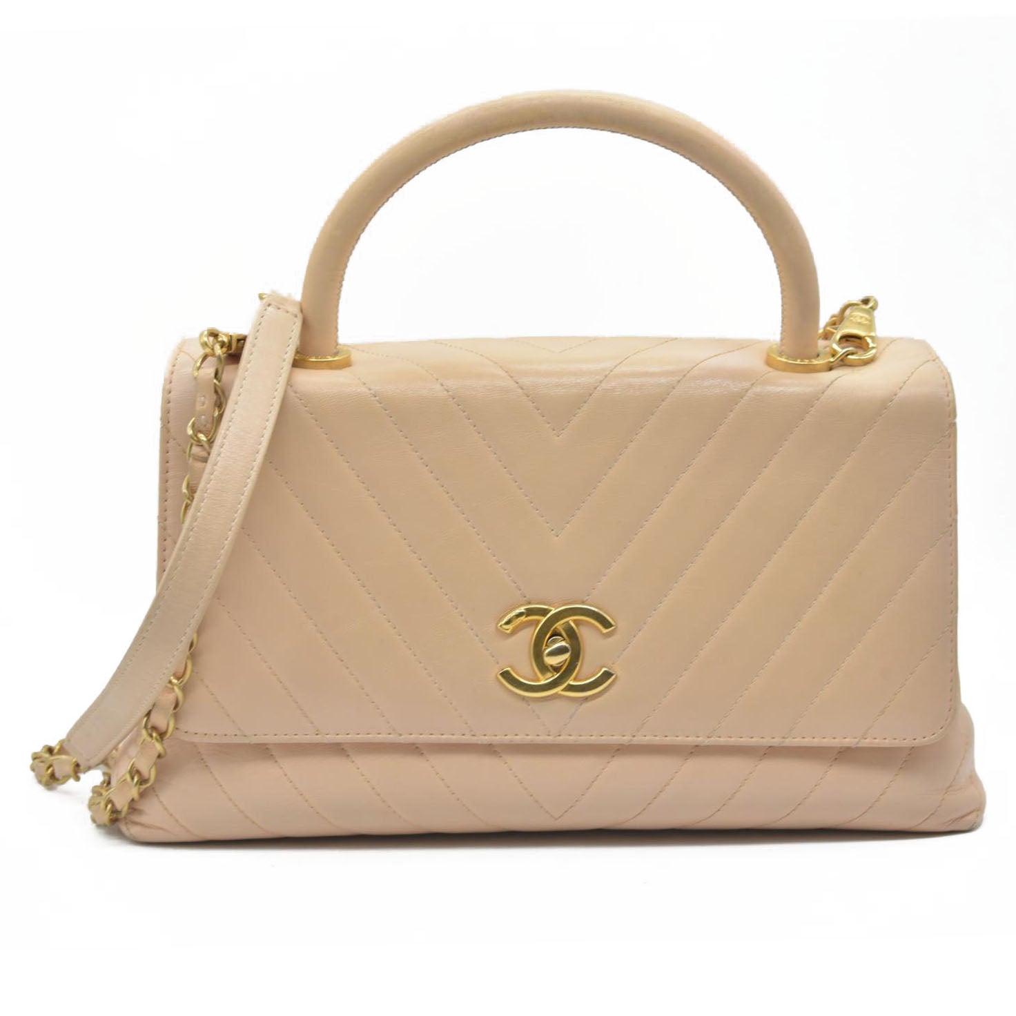 $7300 Chanel  Calfskin Chevron Quilted Medium Coco Handle Flap Beige