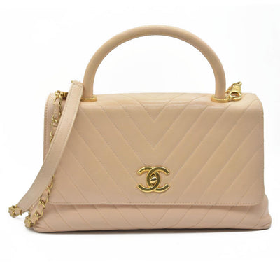 $7300 Chanel  Calfskin Chevron Quilted Medium Coco Handle Flap Beige