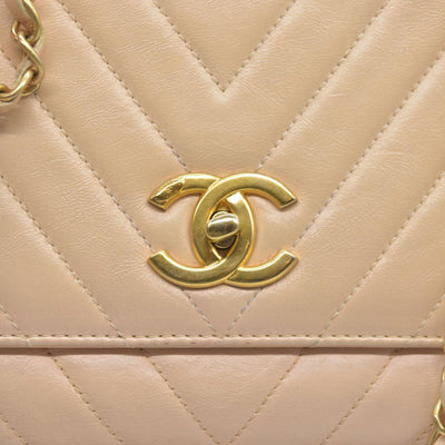 $7300 Chanel  Calfskin Chevron Quilted Medium Coco Handle Flap Beige