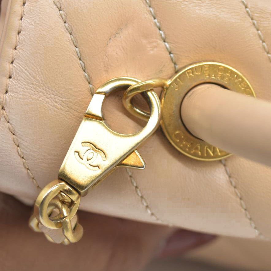 $7300 Chanel  Calfskin Chevron Quilted Medium Coco Handle Flap Beige