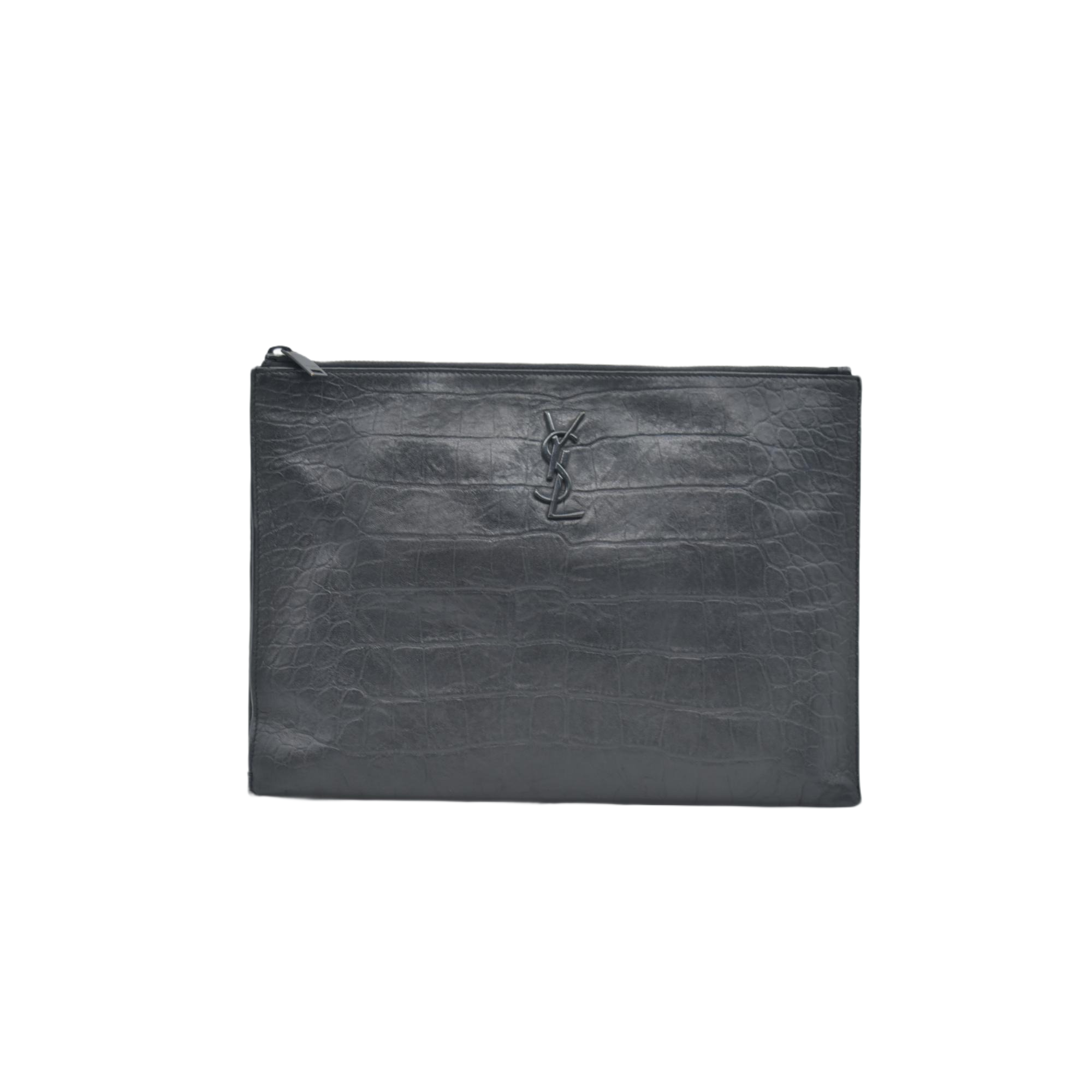 $990 Saint Laurent Croc Monogram Embossed Zip Clutch Black 2018