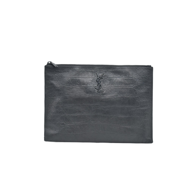 $990 Saint Laurent Croc Monogram Embossed Zip Clutch Black 2018