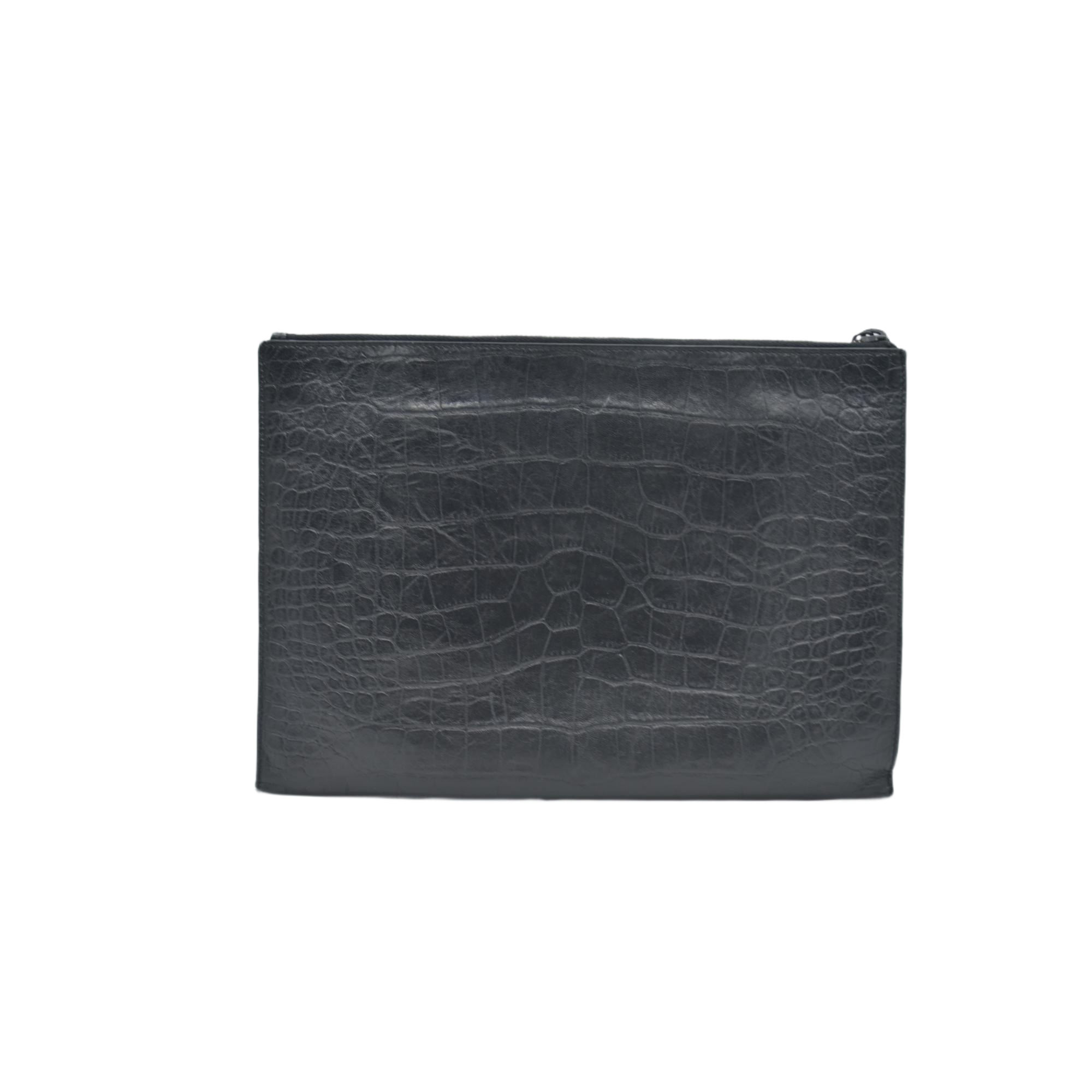 $990 Saint Laurent Croc Monogram Embossed Zip Clutch Black 2018
