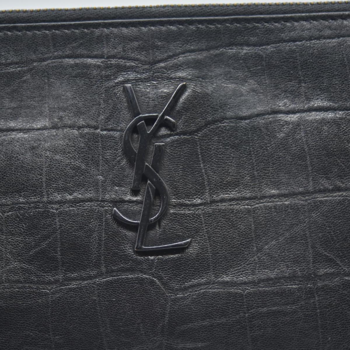 $990 Saint Laurent Croc Monogram Embossed Zip Clutch Black 2018