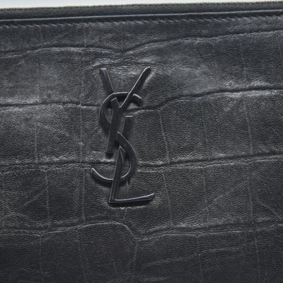 $990 Saint Laurent Croc Monogram Embossed Zip Clutch Black 2018