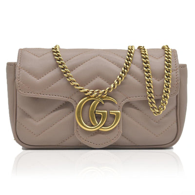 $1450 Gucci Double G Marmont Super Mini Beige Leather Crossbody Bag