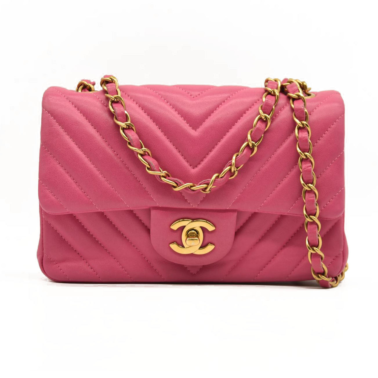 Chanel  Lambskin Chevron Quilted Mini Rectangular Flap Dark Pink 21*