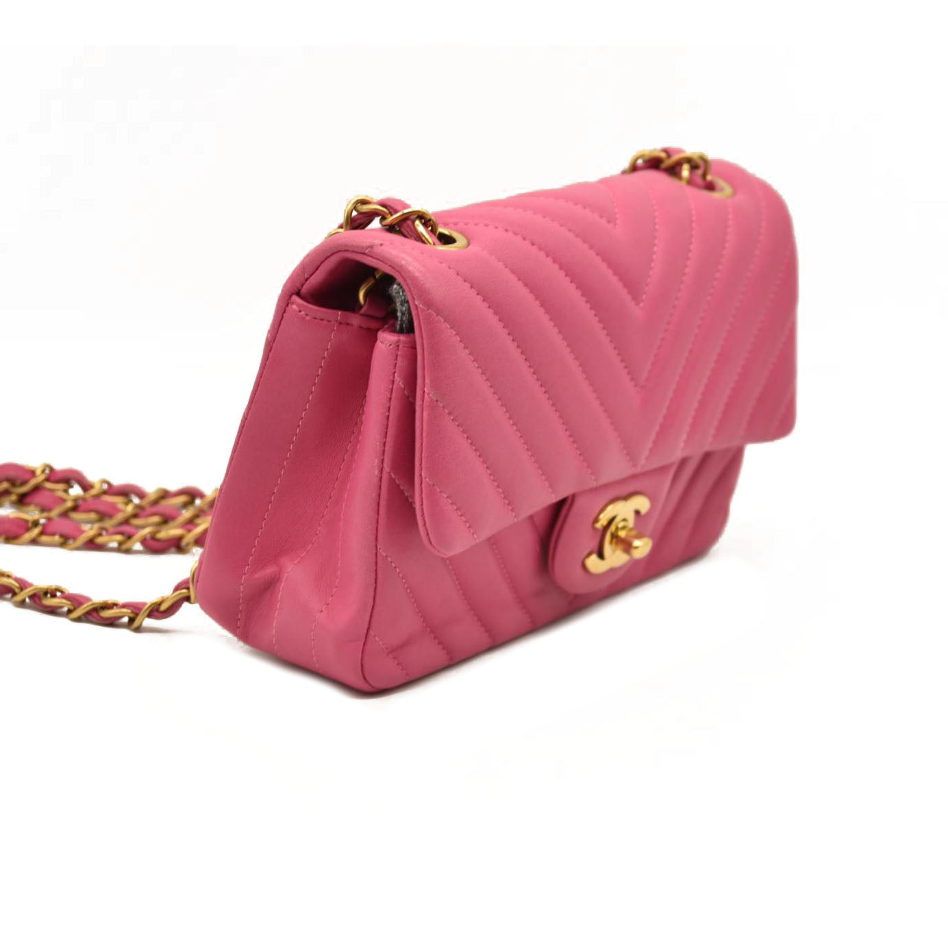 Chanel  Lambskin Chevron Quilted Mini Rectangular Flap Dark Pink 21*