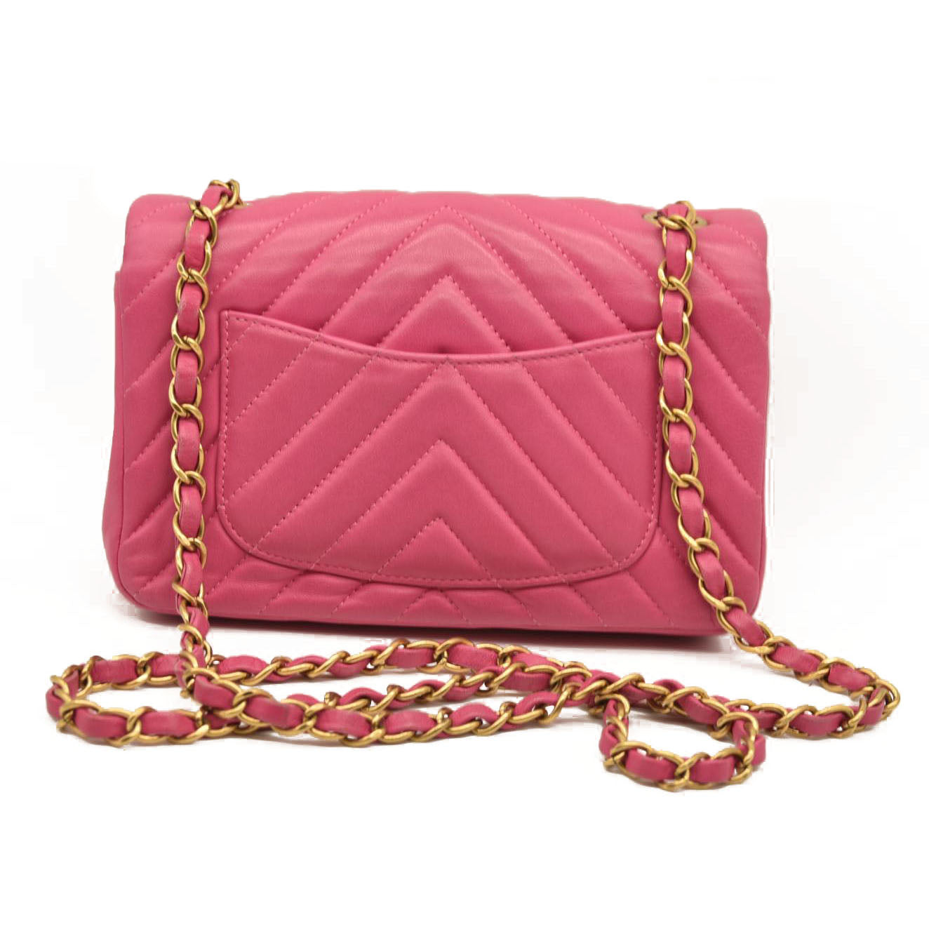 Chanel  Lambskin Chevron Quilted Mini Rectangular Flap Dark Pink 21*