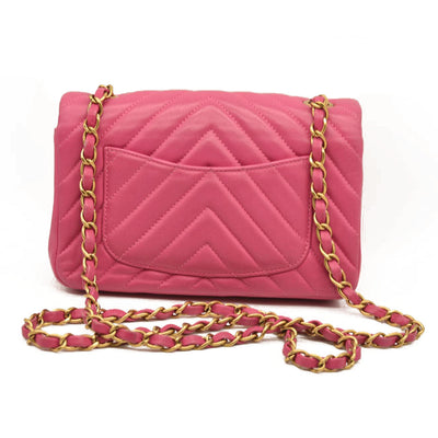 Chanel  Lambskin Chevron Quilted Mini Rectangular Flap Dark Pink 21*