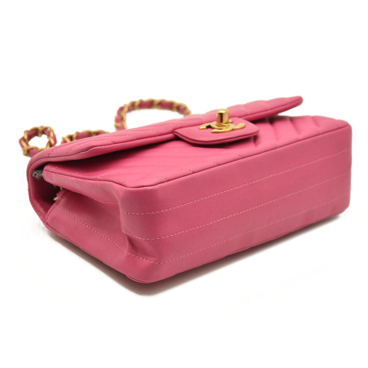 Chanel  Lambskin Chevron Quilted Mini Rectangular Flap Dark Pink 21*