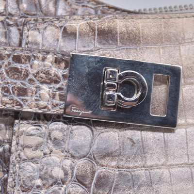 Salvatore Ferragamo Croc Embossed Beige Leather Hobo Shoulder Bag CONSIGNMENT