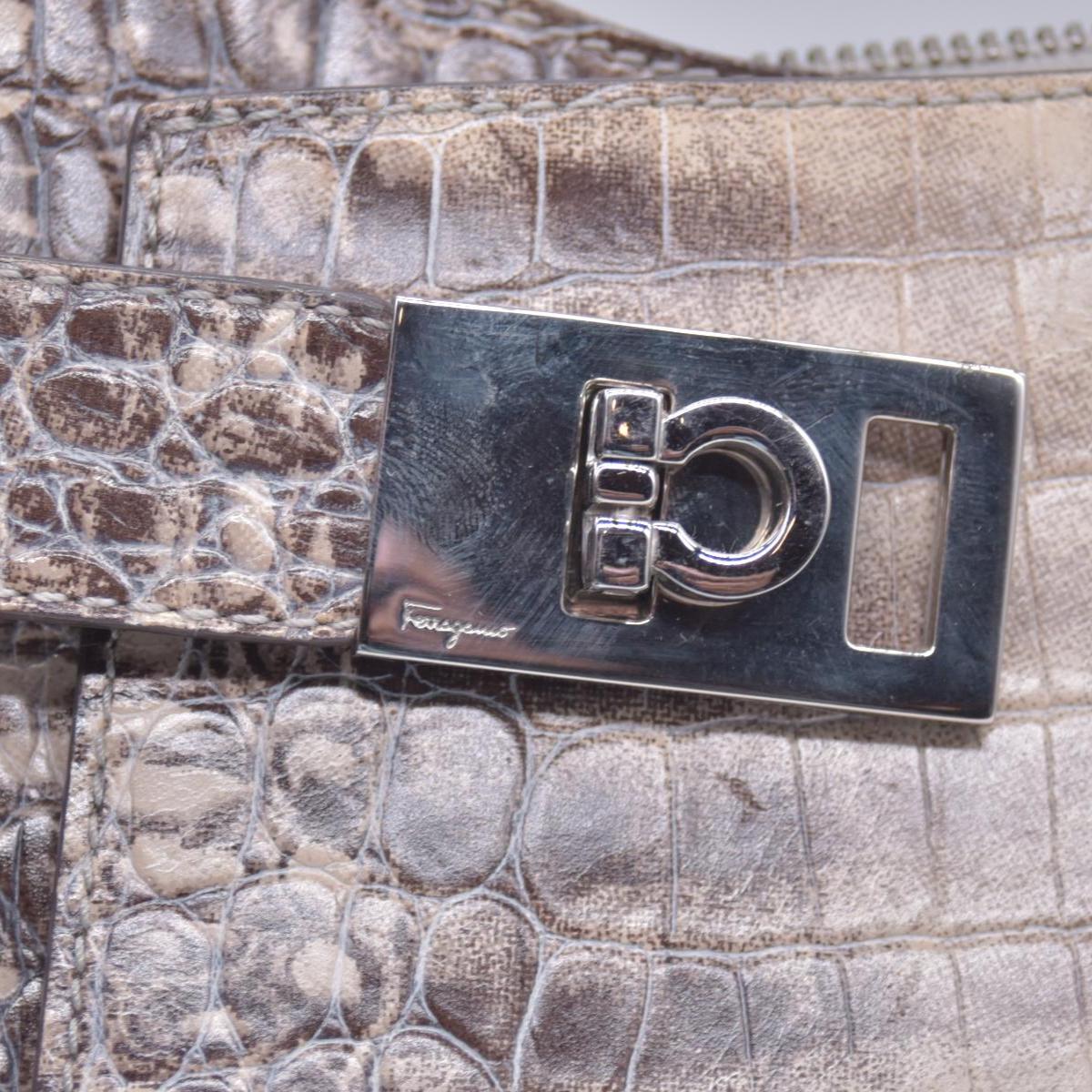 Salvatore Ferragamo Croc Embossed Beige Leather Hobo Shoulder Bag CONSIGNMENT 10021138