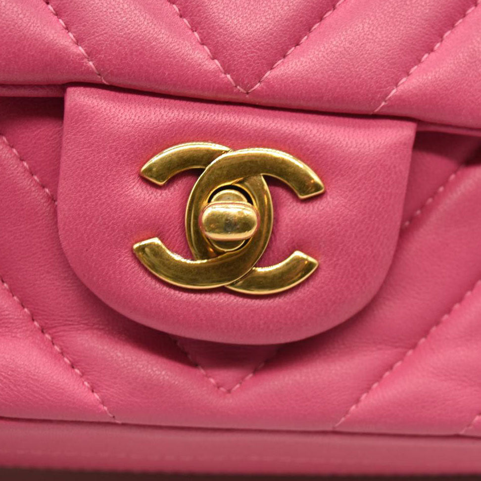 Chanel  Lambskin Chevron Quilted Mini Rectangular Flap Dark Pink 21*