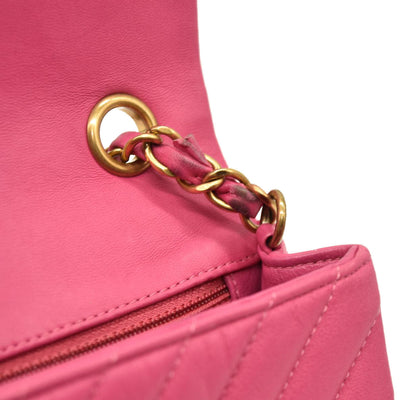 Chanel  Lambskin Chevron Quilted Mini Rectangular Flap Dark Pink 21*