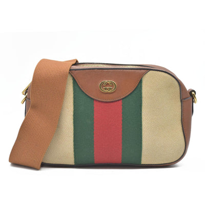 AUCTION $1450 Gucci  Vintage Canvas Web Shoulder Bag Sand Cuir