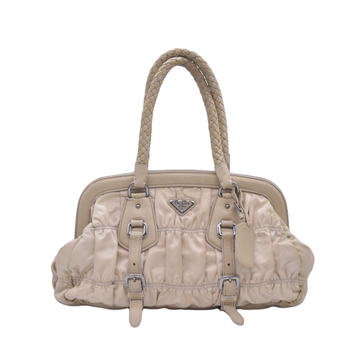 $800 PRADA Logo Plate Nylon Hand Bag Ivory 10021023