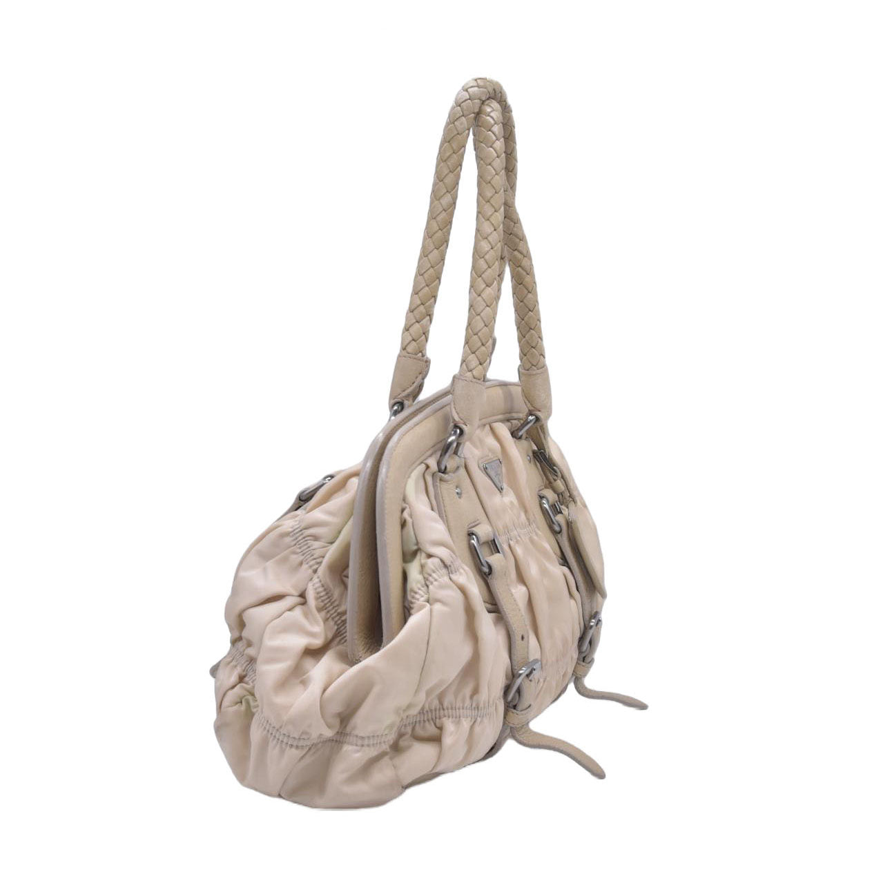$800 PRADA Logo Plate Nylon Hand Bag Ivory 10021023