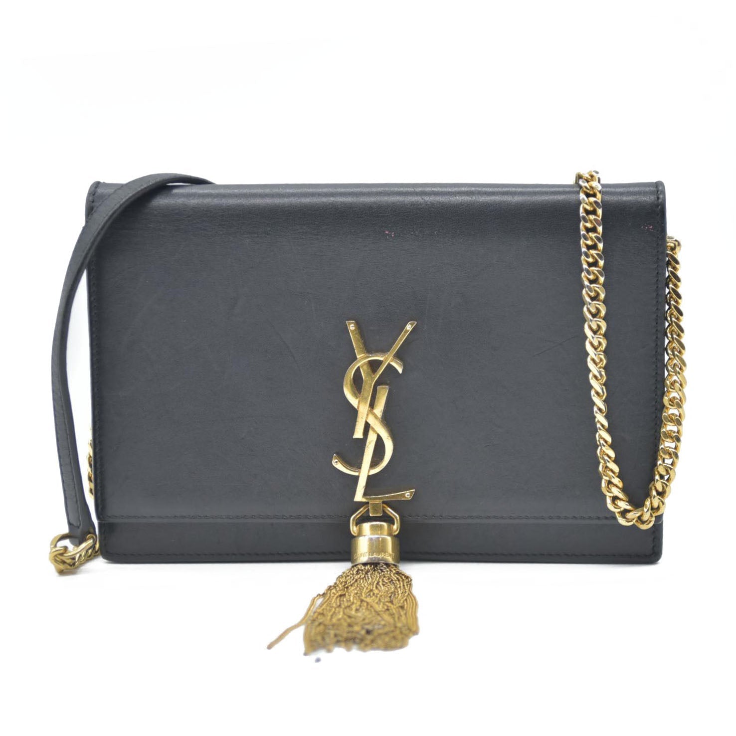 AUCTION $2400 Saint Laurent  Grain De Poudre Medium Classic Monogram Kate Tassel Satchel Black