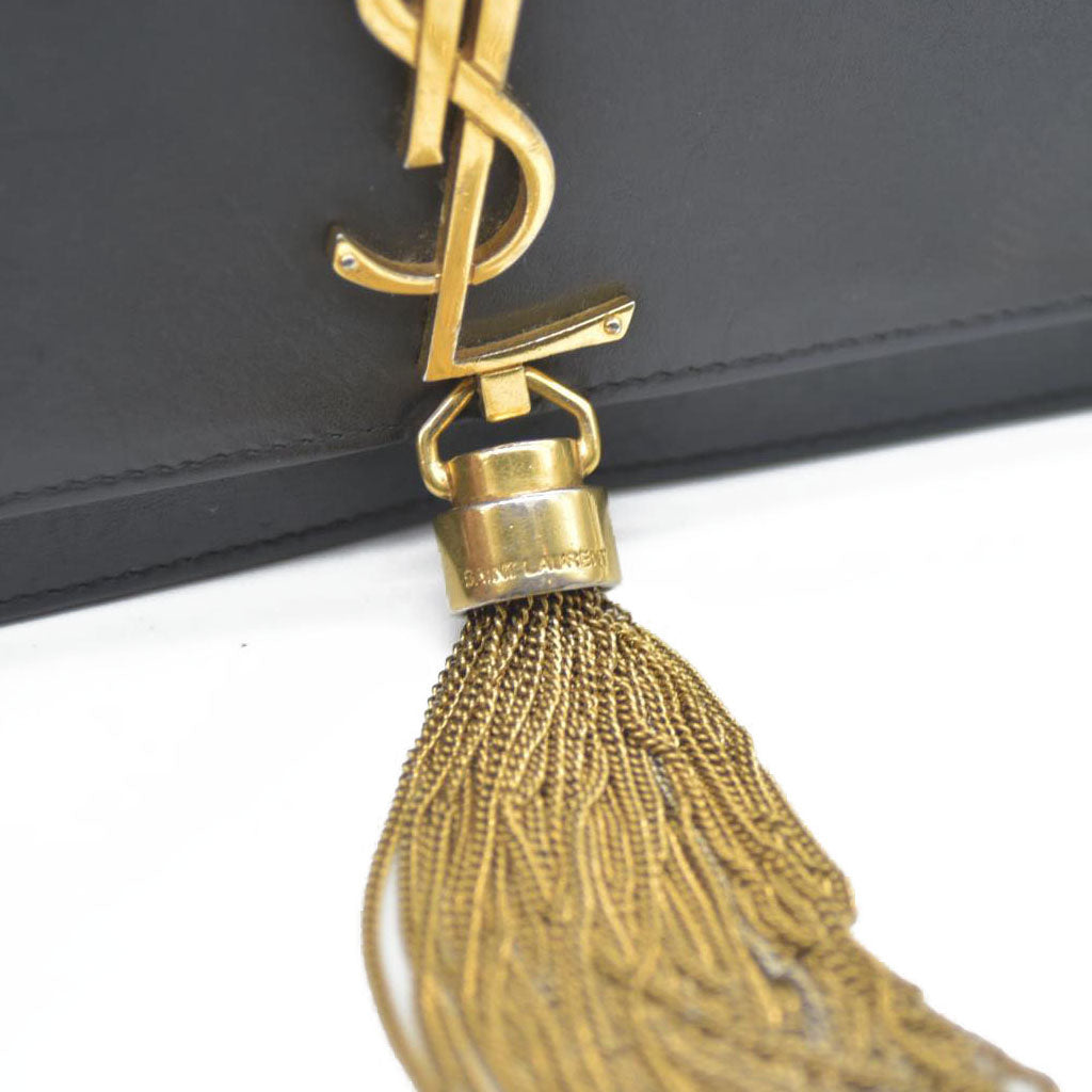AUCTION $2400 Saint Laurent  Grain De Poudre Medium Classic Monogram Kate Tassel Satchel Black