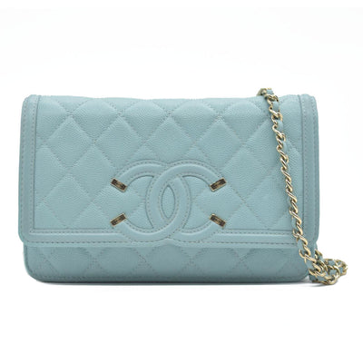 $3100 Chanel Caviar Quilted CC Filigree Wallet On Chain WOC Blue