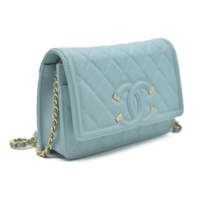 $3100 Chanel Caviar Quilted CC Filigree Wallet On Chain WOC Blue