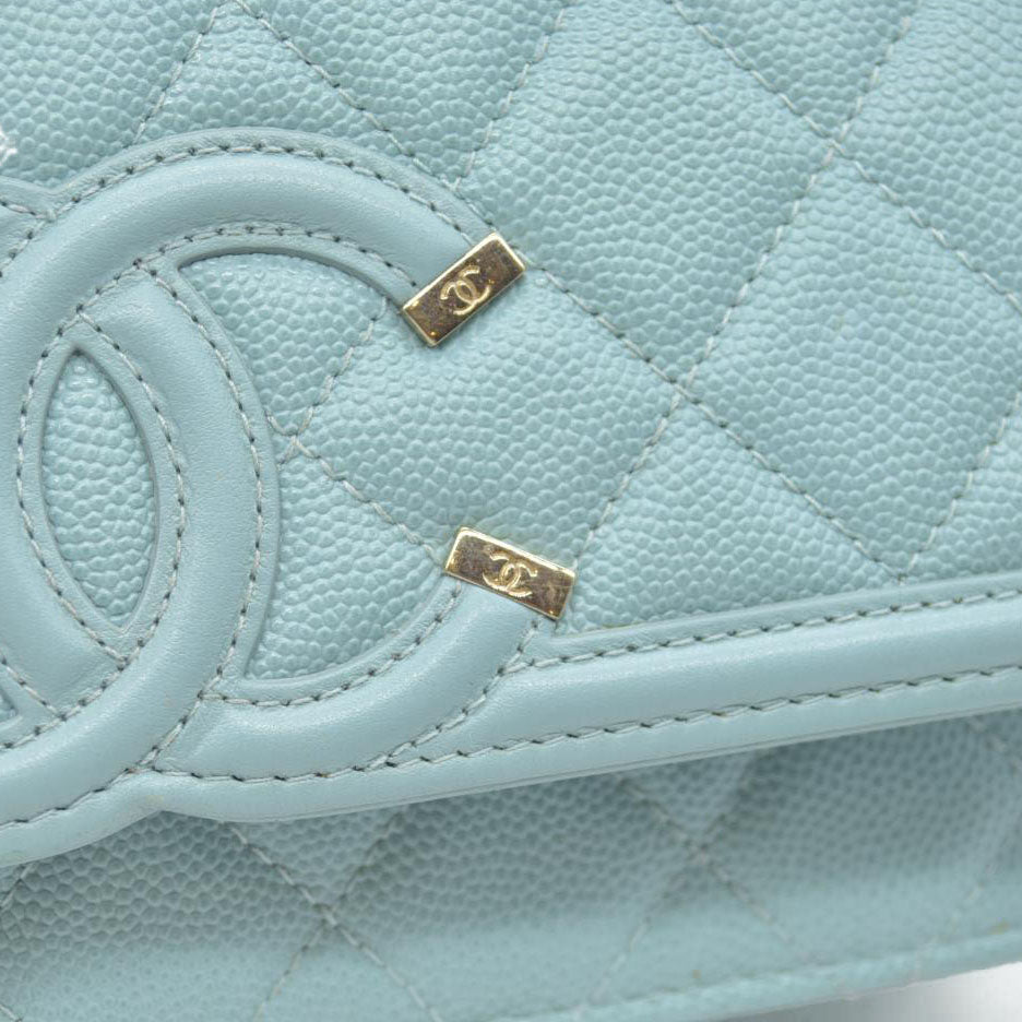 $3100 Chanel Caviar Quilted CC Filigree Wallet On Chain WOC Blue